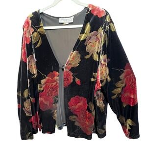 Dress Barn Woman Vintage Velvet Floral Rose Cardigan Black Red 90s Plus Size